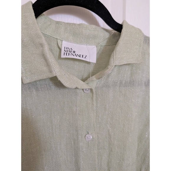 Lisa Marie Fernandez Metallic Linen Blend Gauze Shirt Dress Mint Green Midi Sz 3 - Picture 5 of 10